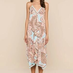 L'Agence Elise Cover-Up Midi Dress Brown Ice Blue Paisley Ruffle Resort S NWT